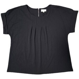 Melloday Black‎ Top XL Pleated Front Zipper Back Short Sleeve Blouse (N)